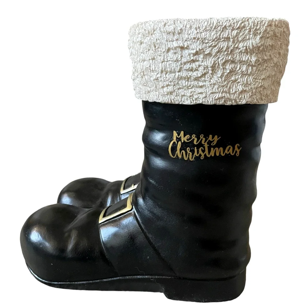 Santa Boots MERRY CHRISTMAS Container Planter Holiday Black Gold White Holiday